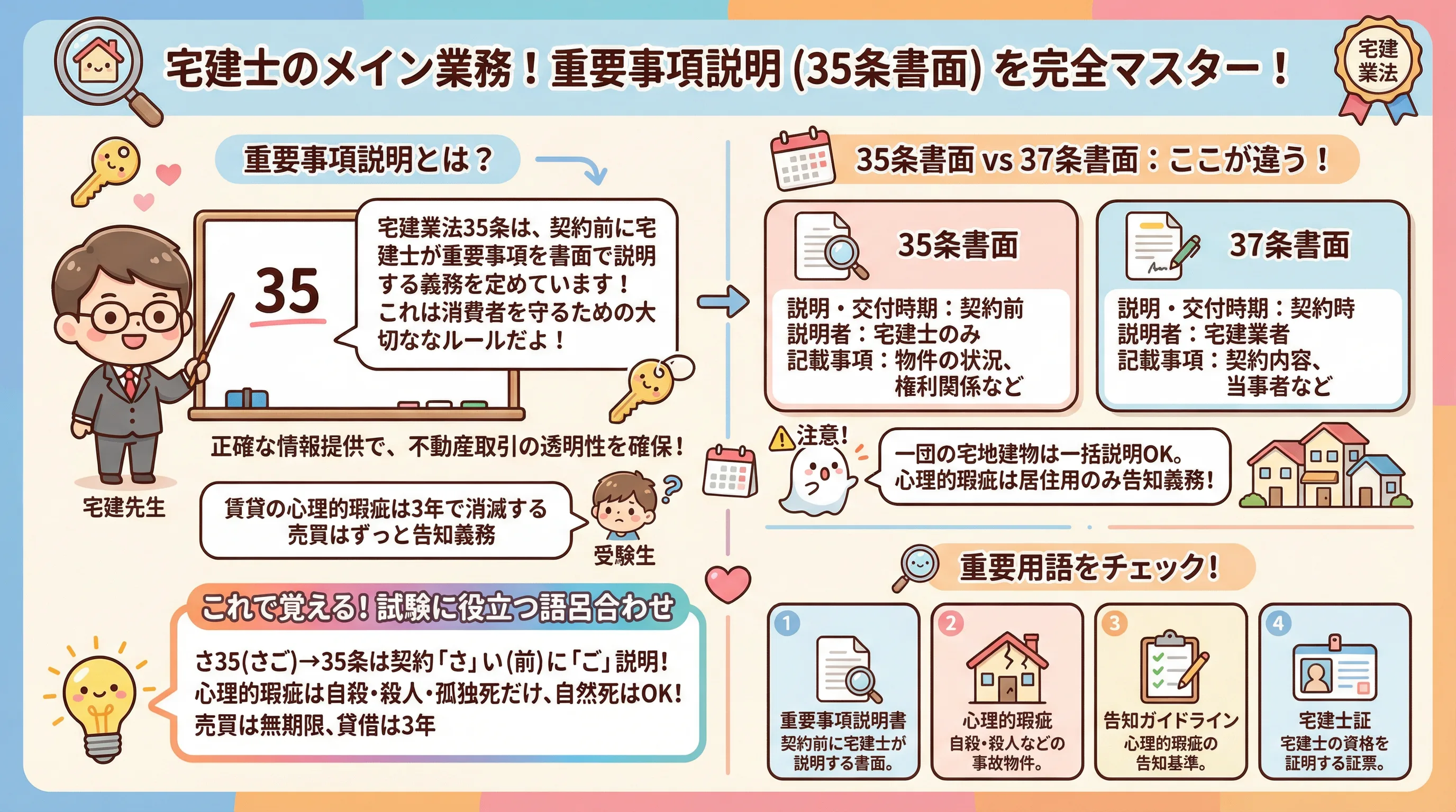 宅建士のメイン業務である重要事項の説明に関する解説の完全版のインフォグラフィック|宅建業法