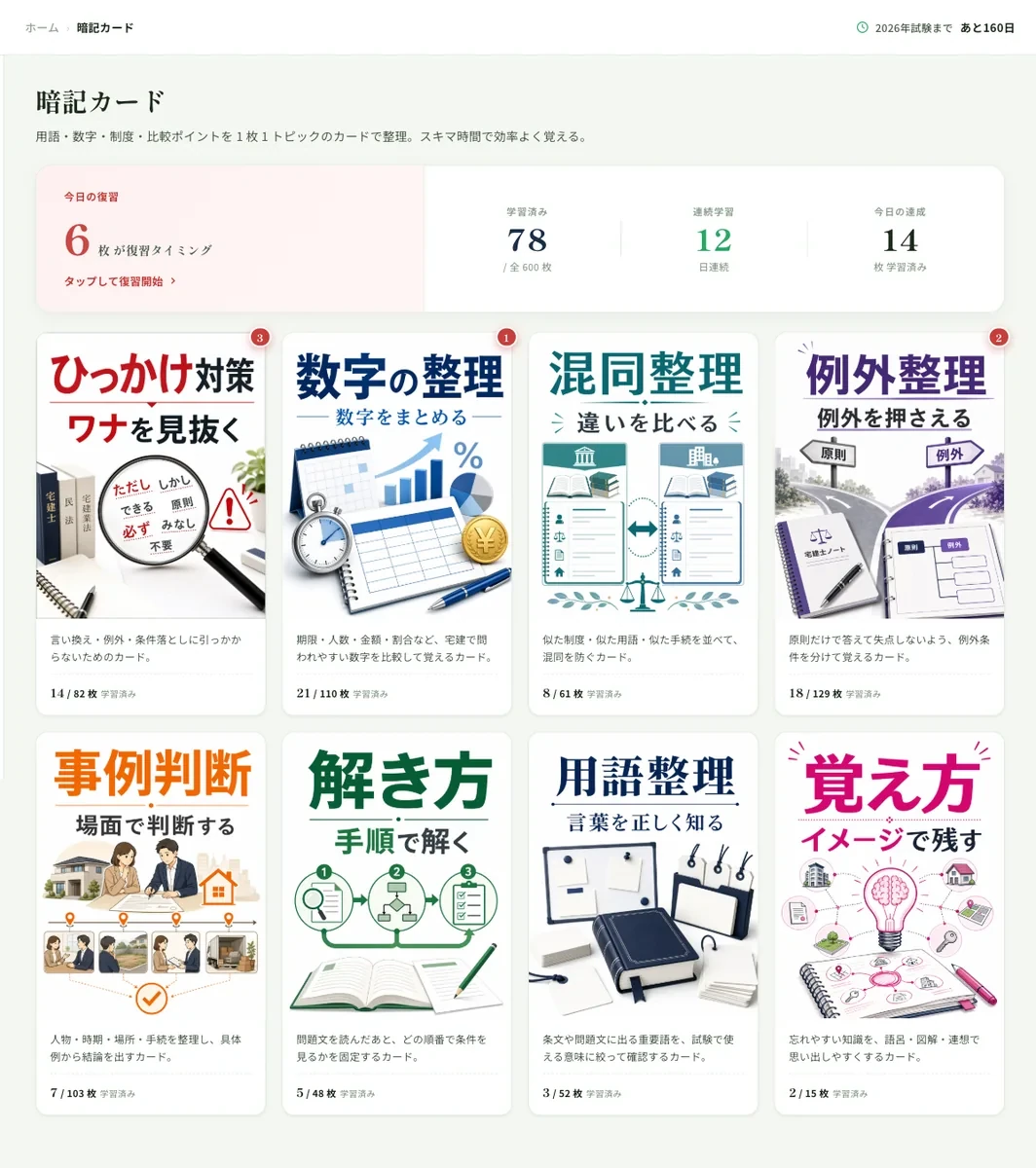 宅建コーチの暗記カード画面:忘れやすい数字や用語をくり返し復習できる